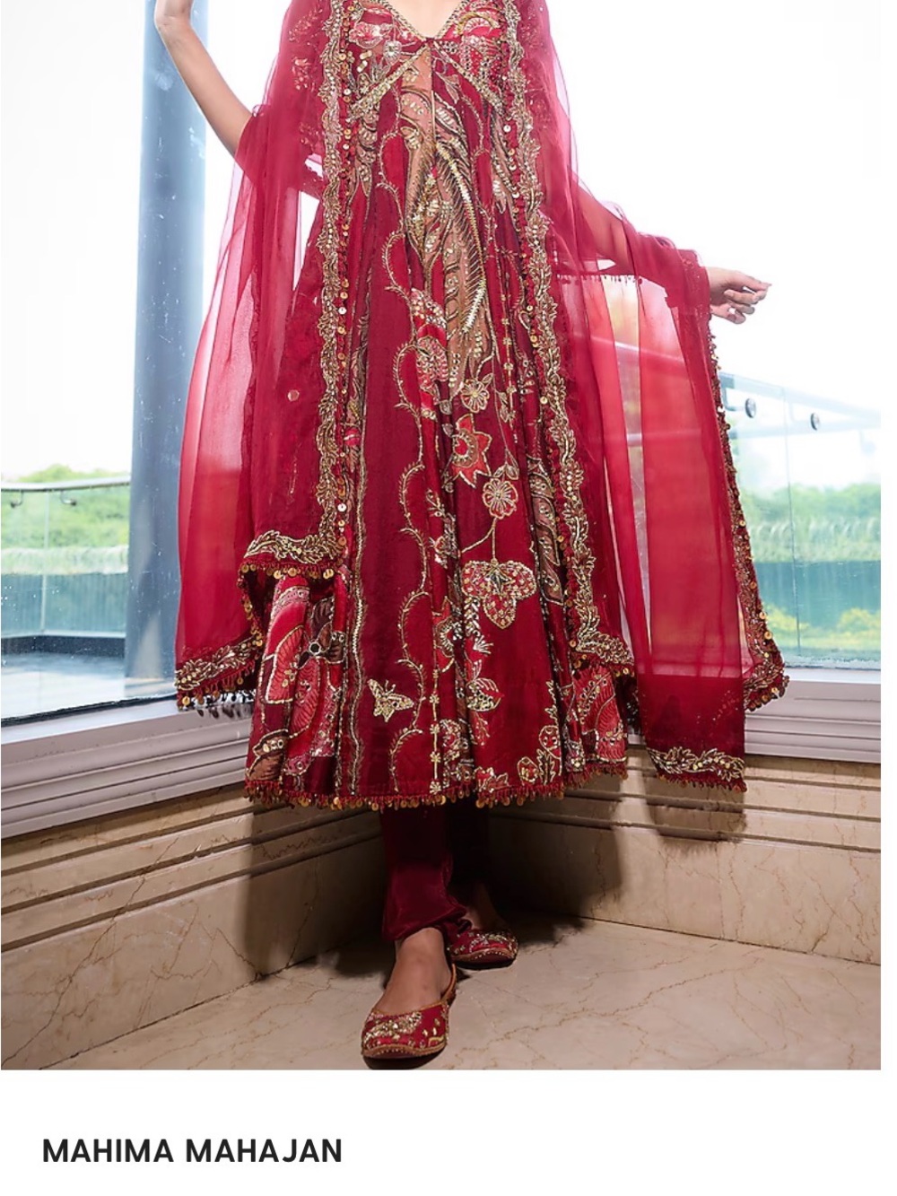 Mahima Mahajan Red Embellished Bridal Maxi Dress with Gold Accents
